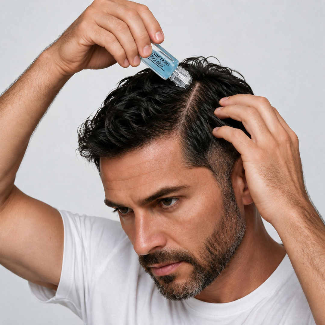 Man applying the American BioLabs serum to his scalp