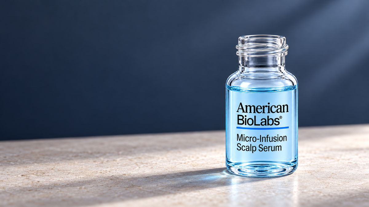 Open American BioLabs scalp serum vial on a pale mineral surface
